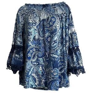 LC Lauren Conrad Blouse Large Blue Floral Top Paisley Boho Lace Bell Sleeves Top